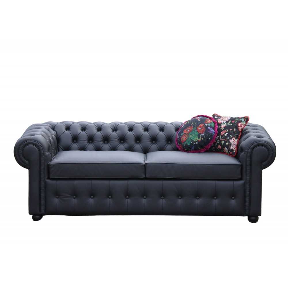 Brandford 230 cm czarna pikowana sofa w skórze naturalnej