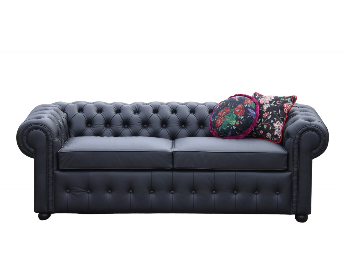 Brandford 230 cm czarna pikowana sofa w skórze naturalnej