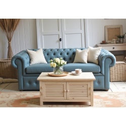 Pikowana sofa w pastelowo niebieskim pluszu Chestrfield Retro 190 cm