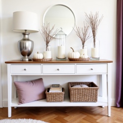 Duża biała konsola z dębowym blatem i półką Noel 180 Duża biała konsola z dębowym blatem i półką Noel 180