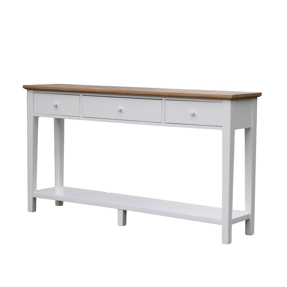 Duża biała konsola z dębowym blatem i półką Noel 180