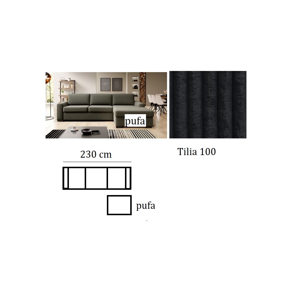 Sofa Malaga 230 cm + plus pufa z pojemnikiem o szerokości siedziska i boczku, tkanina Tilia