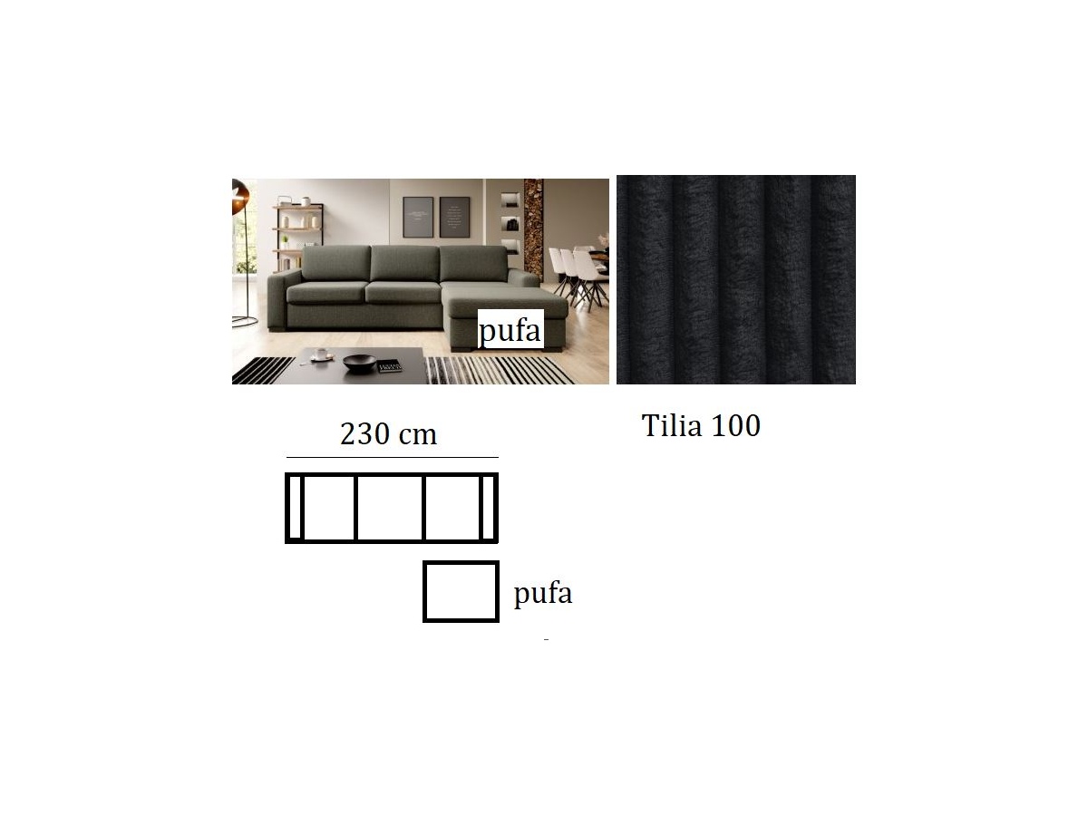 Sofa Malaga 230 cm + plus pufa z pojemnikiem o szerokości siedziska i boczku, tkanina Tilia