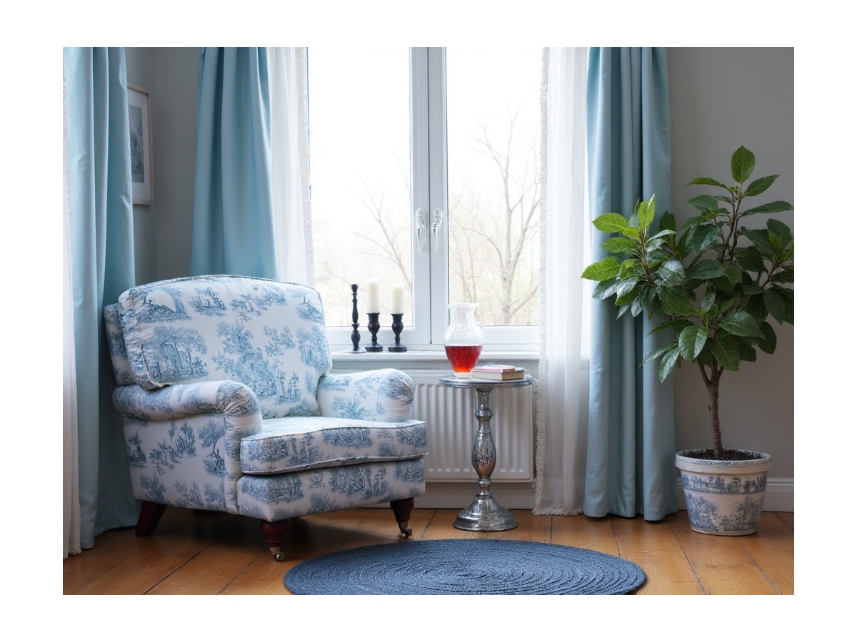 Marlene fotel w tkaninie toile de Jouy
