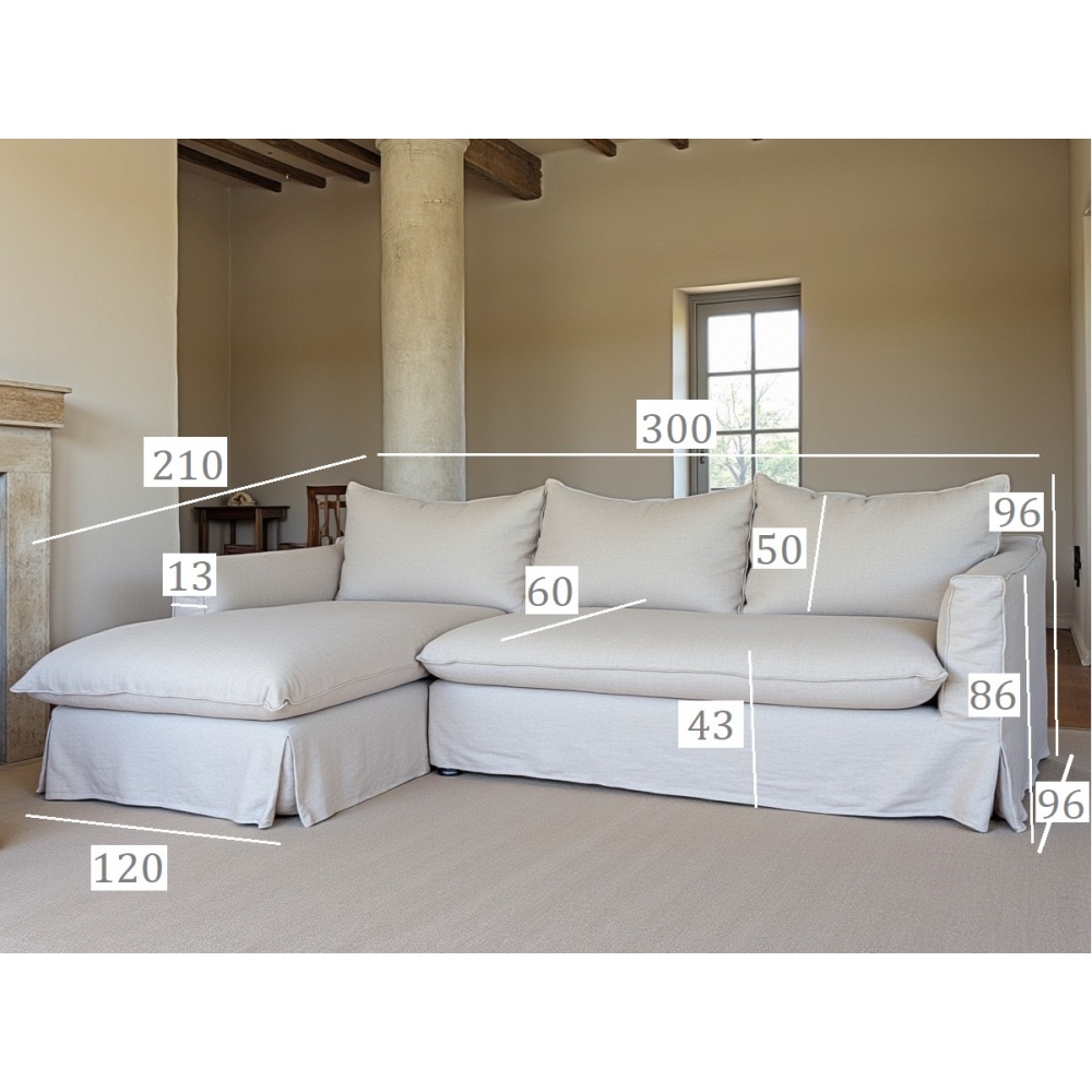 Patagonia sofa z leżanką 300×210 – lniana, z pierzem