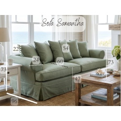 Sofa Samantha 200 z luźnym pokrowcem – schemat wymiarów i proporcji mebla