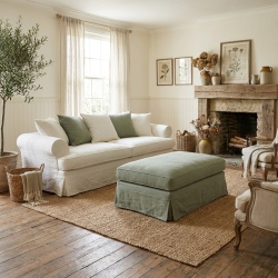 Sofa ze zdejmowanym pokrowcem Samantha w lnie z tapicerowanym pufem przed kominkiem