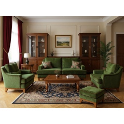 Stylowy zestaw  w butelkowej zieleni Lukrecja sofa, 2 fotele i pufa