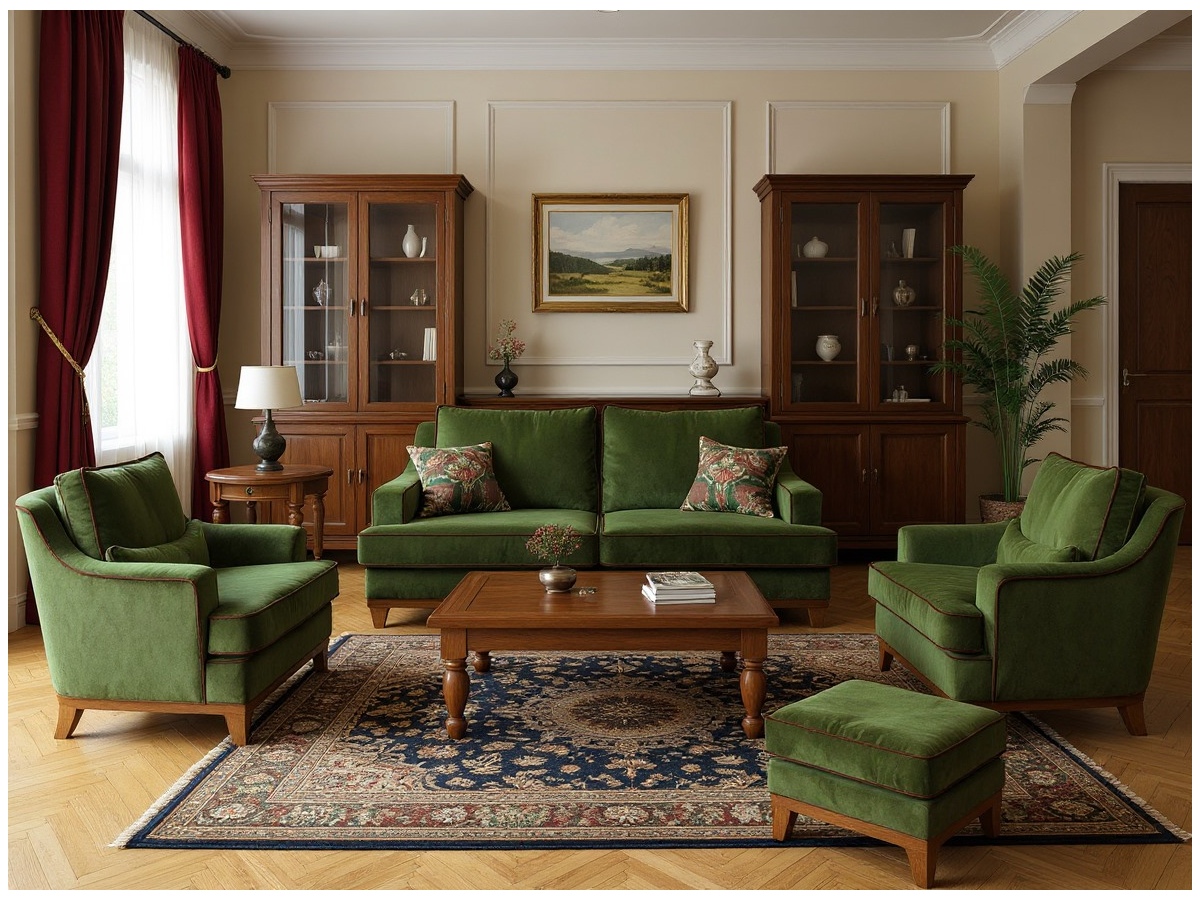 Stylowy zestaw  w butelkowej zieleni Lukrecja sofa, 2 fotele i pufa