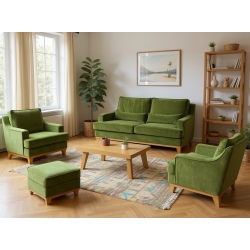 Stylowy zestaw  w butelkowej zieleni Lukrecja sofa, 2 fotele i pufa