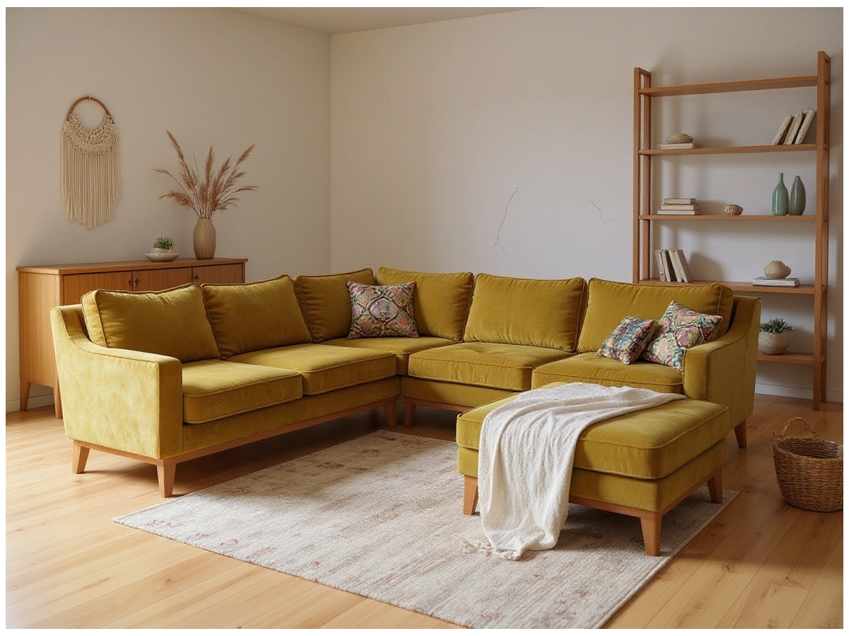 Musztardowy narożnik Lukrecja extra 250x250 cm + pufa