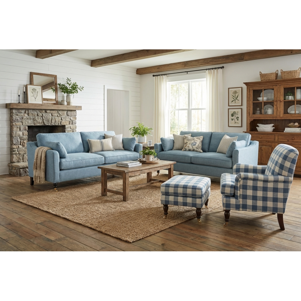 Sofa Chrystal – pastelowo niebieska sofa z pierzem