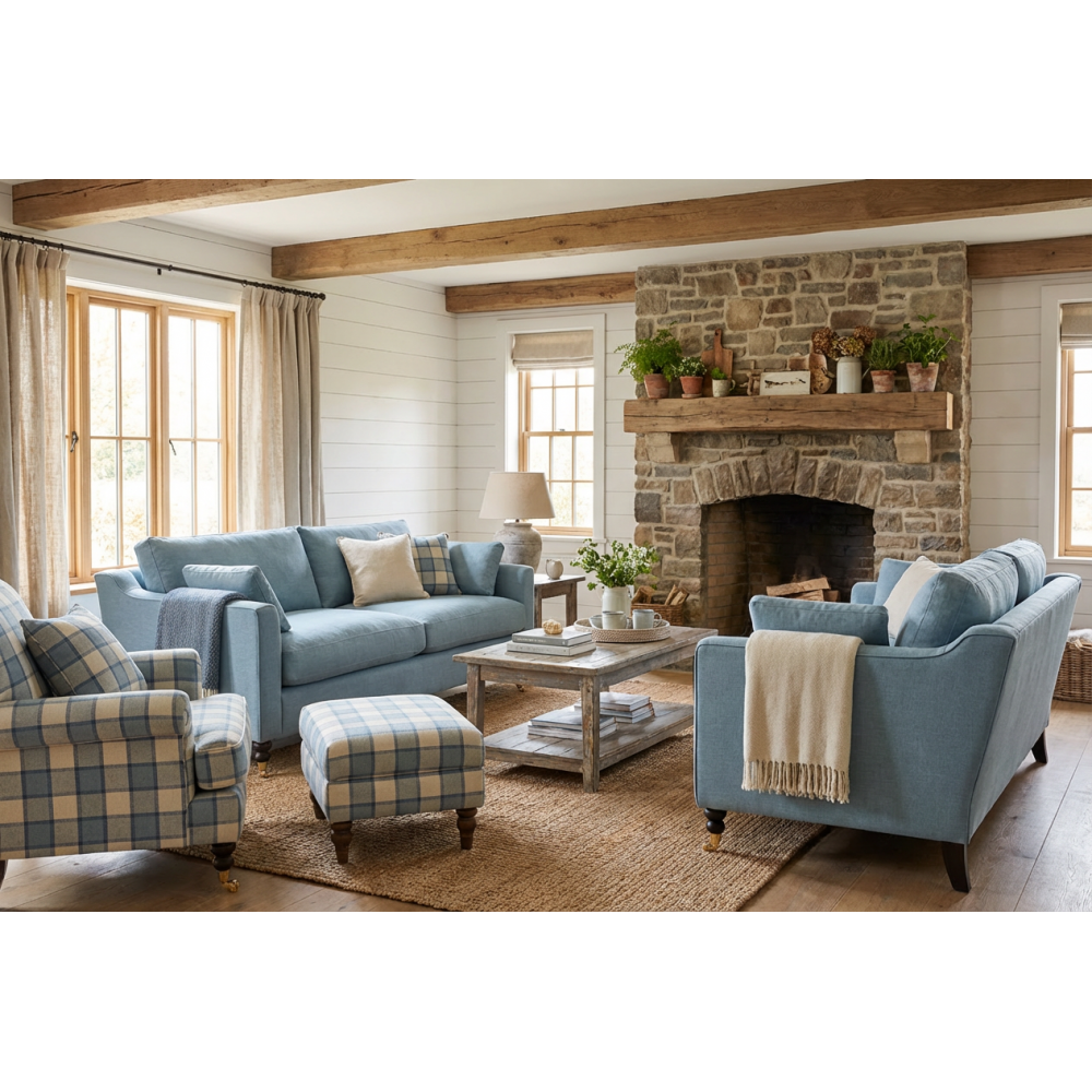 Sofa Chrystal – pastelowo niebieska sofa z pierzem