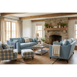 Stylowy komplet sofa z pierzem Chrystal 200 cm, fotel Marlene i pufa