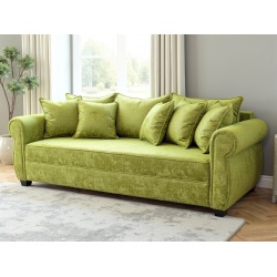 Sofa English Rose 240 – elegancka, szeroka sofa z miękkimi poduchami w zielonej tkaninie