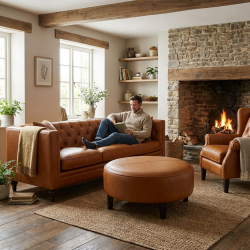 Donna 250 cm sofa chesterfield z prostym bokiem w skórze naturalnej