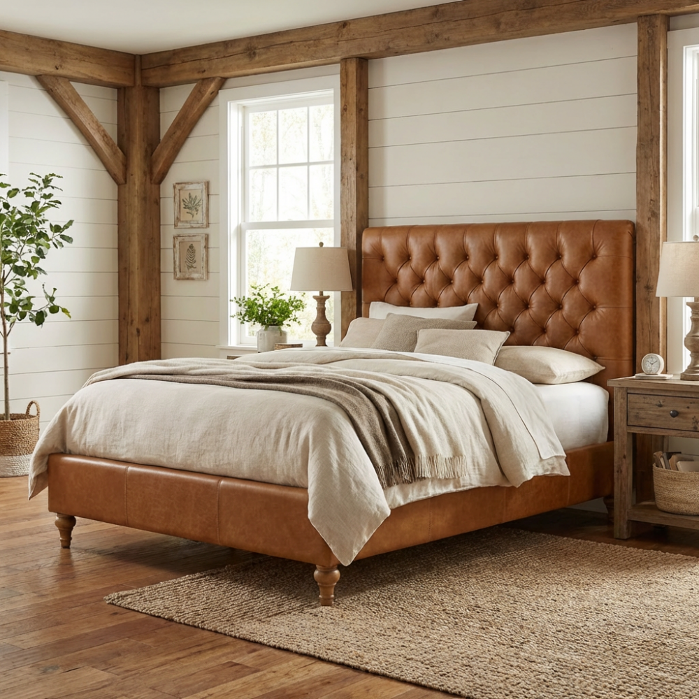 Donna pikowane łóżko chesterfield w skórze naturalnej