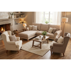 Zestaw Wypoczynkowy Loana: Sofa z Szezlongiem + 2 Fotele Uszaki Premium