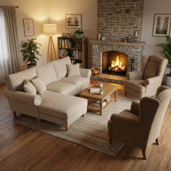 Zestaw Wypoczynkowy Loana: Sofa z Szezlongiem + 2 Fotele Uszaki Premium