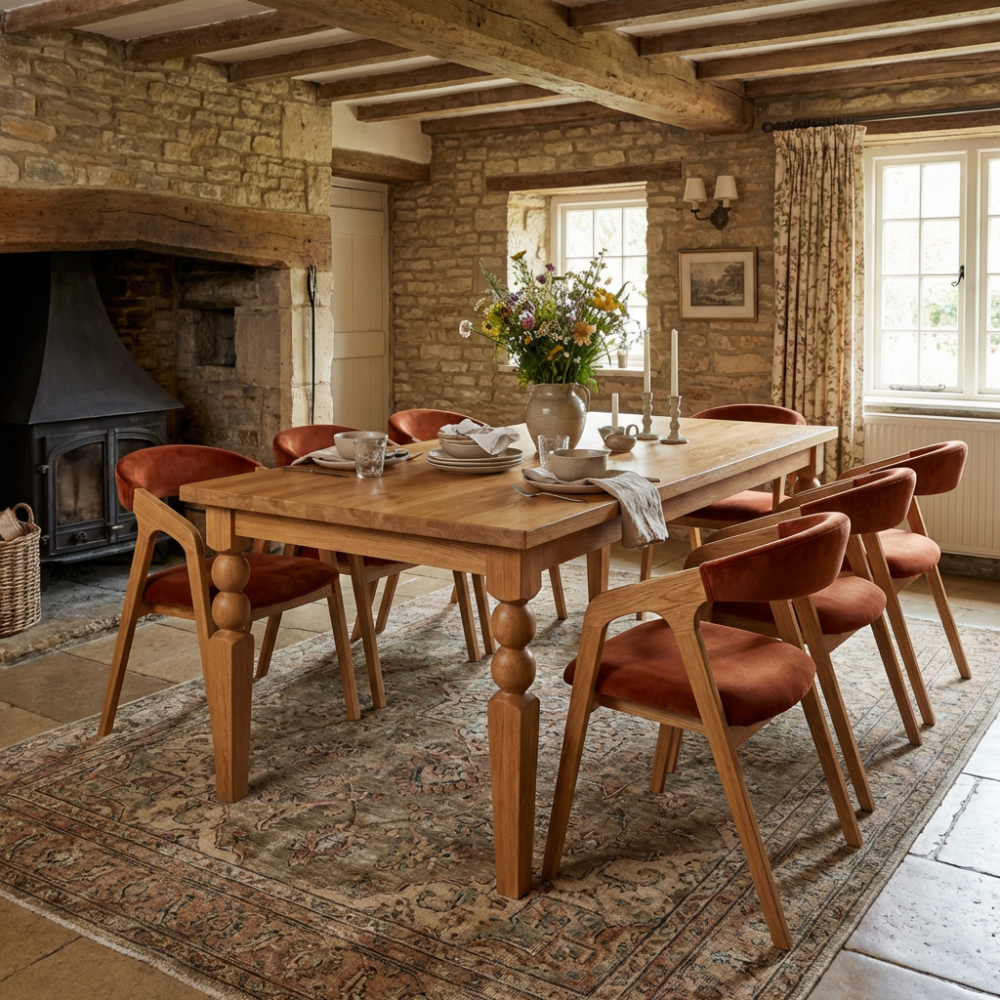 Stół dębowy Margo 100x250 i 8 krzeseł dębowych Eri – Monumentalna Elegancja