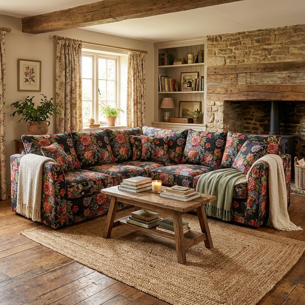 Narożnik Mare – Luksusowy narożnik w kwiaty na ciemnym tle, styl Vintage Cottage