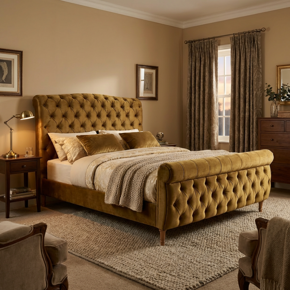 Łóżko Chester – odrobina luksusu w kolorze kojącej szałwii