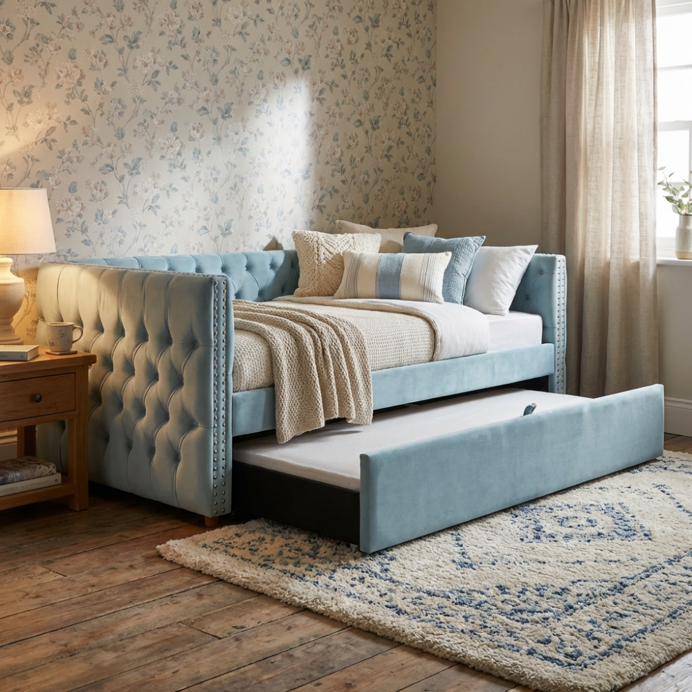 Łóżko Rubin z funkcją spania dla dwojga – elegancja ukryta w błękitnym welurze Łóżko Rubin z funkcją spania dla dwojga – elegancja ukryta w błękitnym welurze