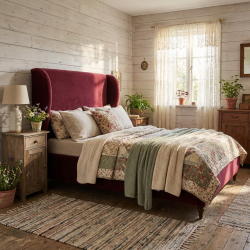 Zestaw Frou Frou – łóżko w kratę ze skrzynią – sielska harmonia