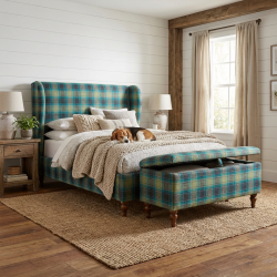 Zestaw Frou Frou – łóżko w kratę ze skrzynią – sielska harmonia