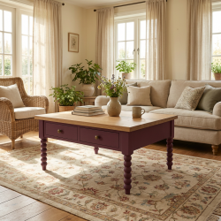 Stolik dębowy NO.61, 120x120 cm– szlachetny dąb i głęboki burgund