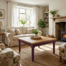 Stolik dębowy NO.61, 120x120 cm– szlachetny dąb i głęboki burgund