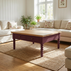 Stolik dębowy NO.61, 120x120 cm– szlachetny dąb i głęboki burgund