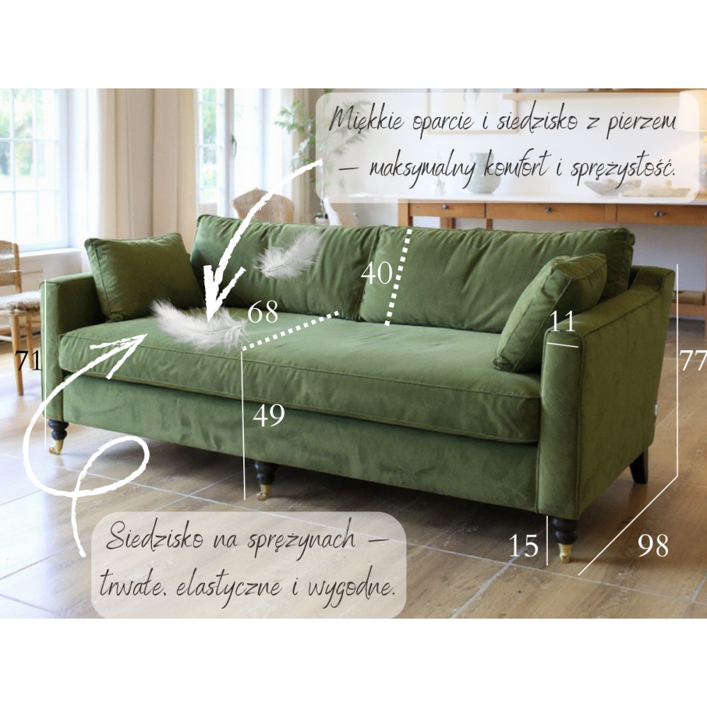 Klasyczna sofa z pierzem Chrystal 190 w czerwoną kratę na kółkach