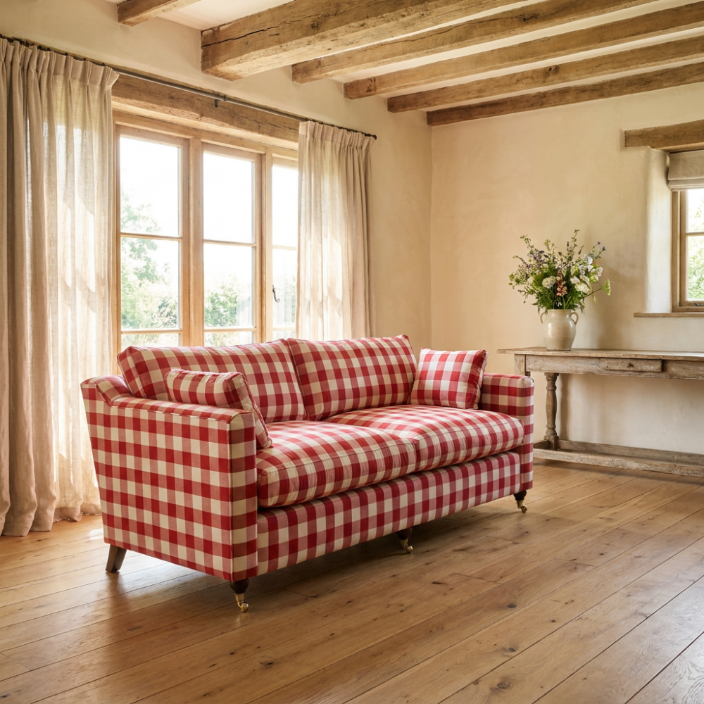 Klasyczna sofa z pierzem Chrystal 190 w czerwoną kratę na kółkach