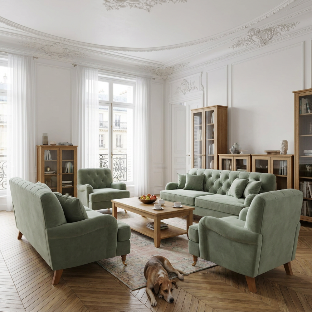 Pikowana sofa trzyosobowa Duerto 220 cm w stylu angielskim na toczonych nóżkach