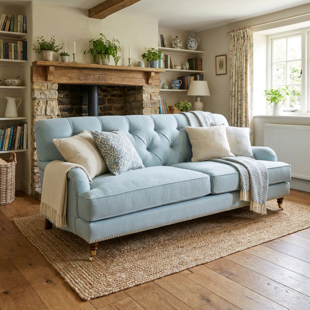 Pikowana sofa trzyosobowa Duerto 230 cm w kolorze błękitnym na toczonych nóżkach Pikowana sofa trzyosobowa Duerto 230 cm w kolorze błękitnym na toczonych nóżkach