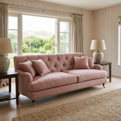 Pikowana kanapa sofa Duerto 200 cm w kolorze brudnego różu na toczonych nóżkach