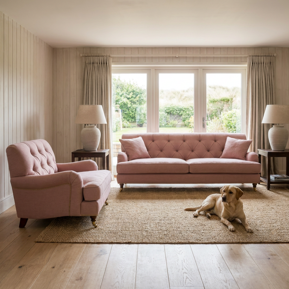 Pikowana kanapa sofa Duerto 200 cm w kolorze brudnego różu na toczonych nóżkach