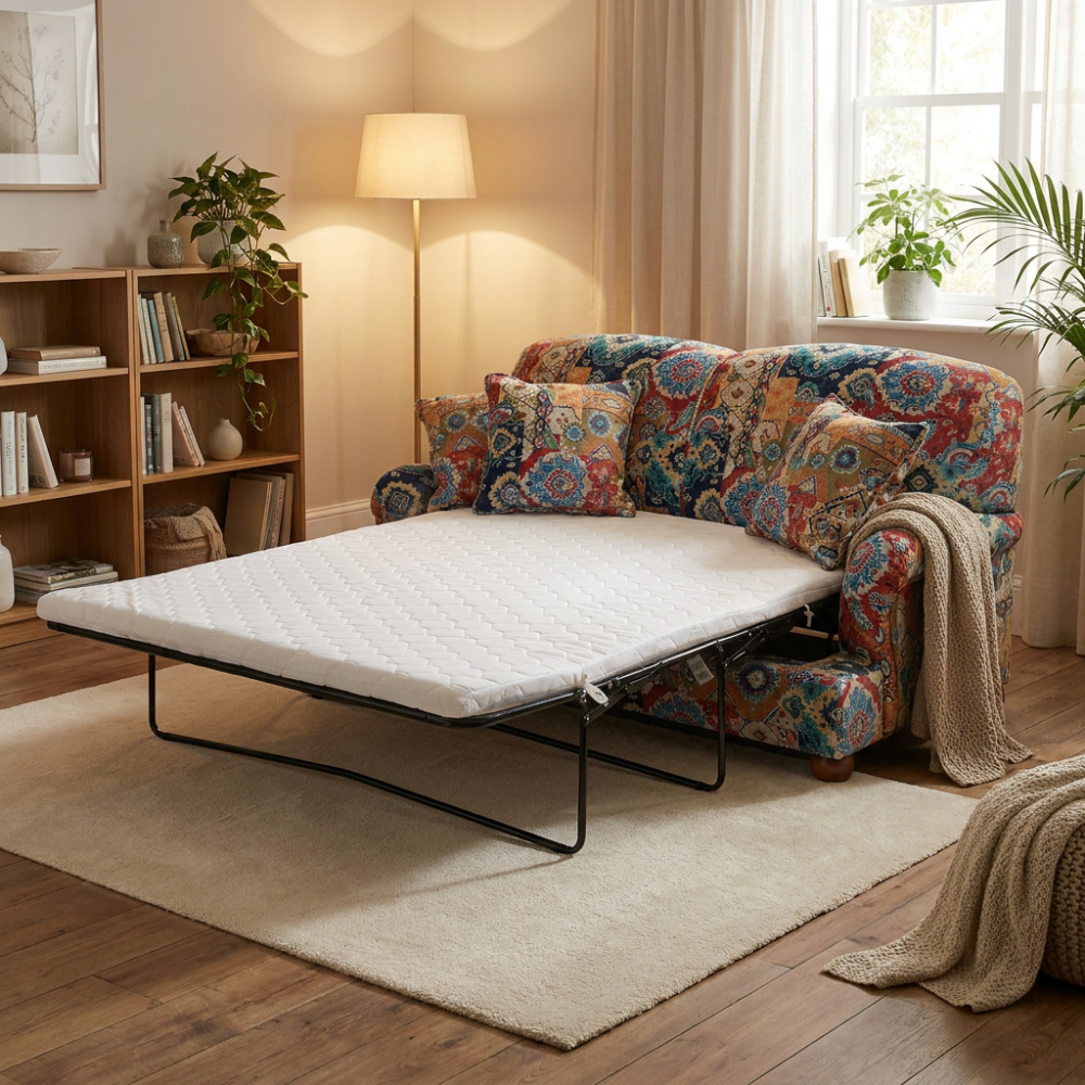 Wzorzysta sofa rozkładana Paxton 160 cm z funkcją spania w stylu boho folk Wzorzysta sofa rozkładana Paxton 160 cm z funkcją spania w stylu boho folk