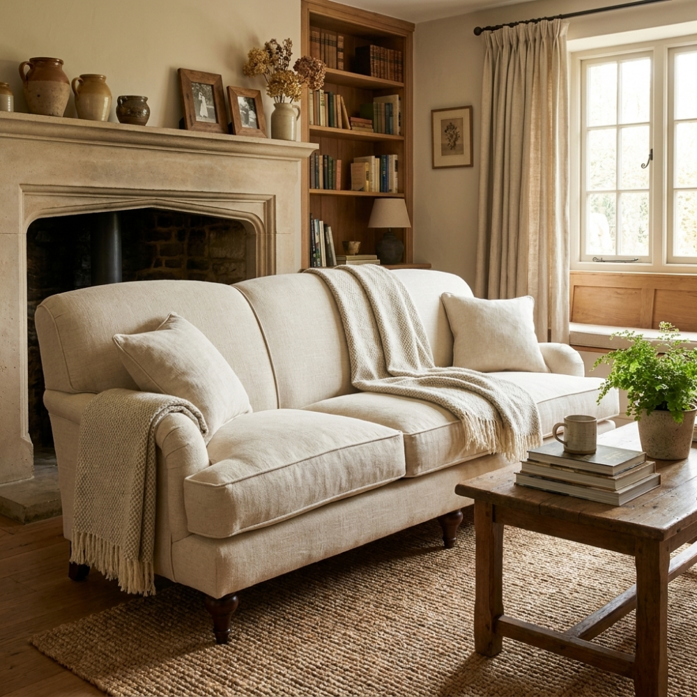 Klasyczna sofa trzyosobowa Paxton 230 cm z naturalnego lnu w kolorze beżowym