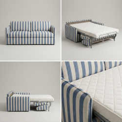 Lniana dwuosobowa sofa rozkładana Como 160 cm z włoską funkcją spania w błękitne pasy