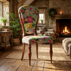 Stylowe krzesło drewniane Cremona – kwiatowa tapicerka i toczone nóżki w stylu English Cottage Stylowe krzesło drewniane Cremona – kwiatowa tapicerka i toczone nóżki w stylu English Cottage