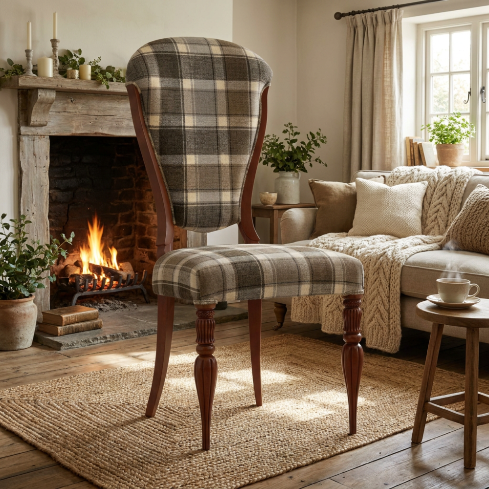 Stylowe krzesło drewniane Cremona – tkanina w kratę i toczone nóżki Farmhouse Stylowe krzesło drewniane Cremona – tkanina w kratę i toczone nóżki Farmhouse