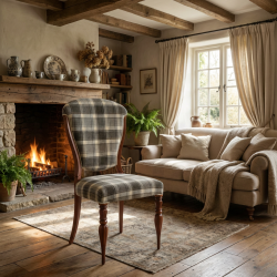 Stylowe krzesło drewniane Cremona – tkanina w kratę i toczone nóżki Farmhouse