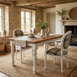 Wooden Dining Table Sevilla – naturalny dębowy blat i białe toczone nogi Farmhouse Wooden Dining Table Sevilla – naturalny dębowy blat i białe toczone nogi Farmhouse