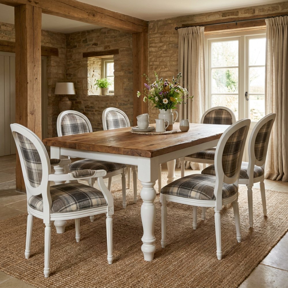 Wooden Dining Table Sevilla – naturalny dębowy blat i białe toczone nogi Farmhouse
