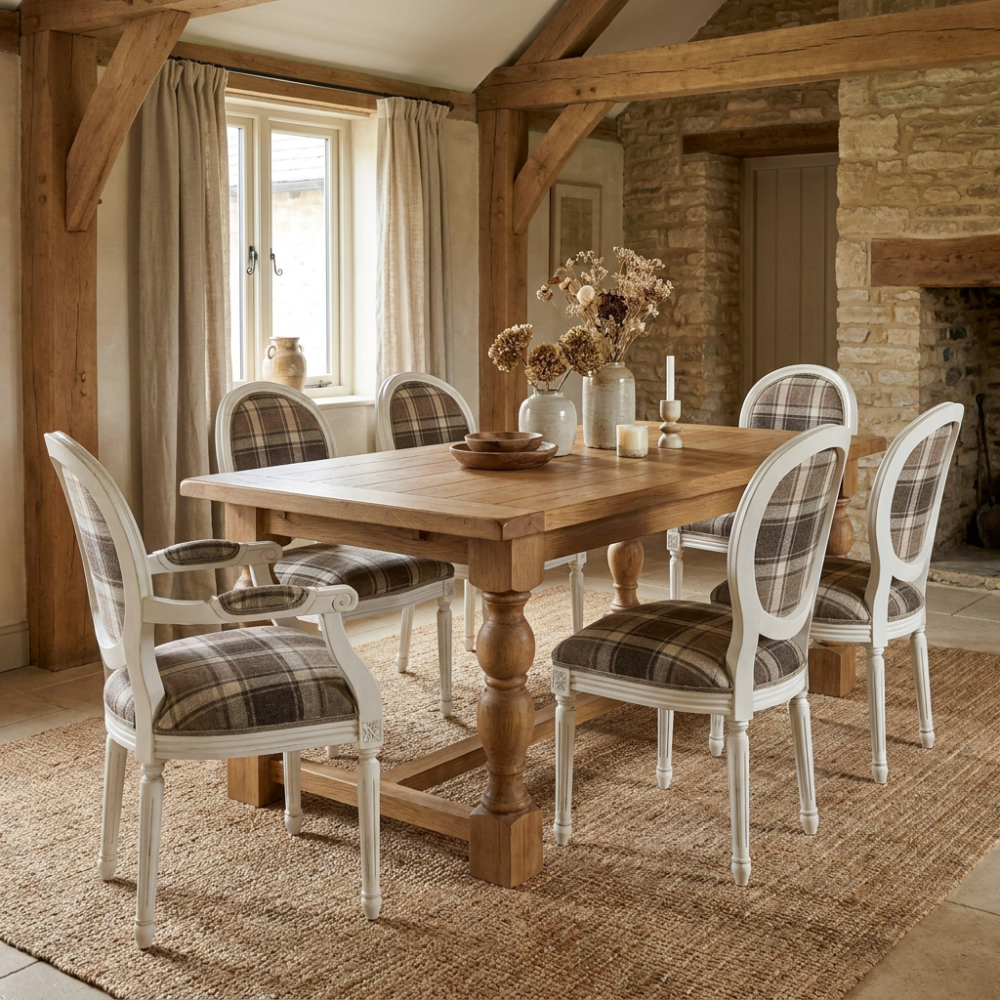 Bukowe krzesło medalionowe Luigi – tkanina w kratę i styl French Cottage
