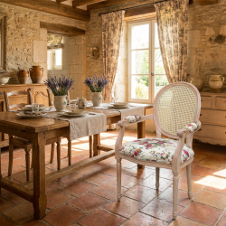 Fotel jadalniany Luigi – rattanowe oparcie i tkanina kwiatowa French Cottage