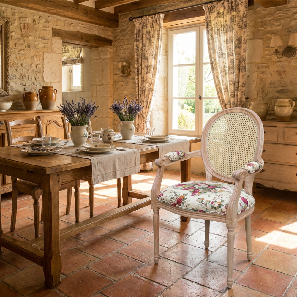 Fotel jadalniany Luigi – rattanowe oparcie i tkanina kwiatowa French Cottage