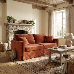Trzyosobowa sofa Vesper 220 cm ze ściąganym pokrowcem – welur terakota w stylu Farmhouse